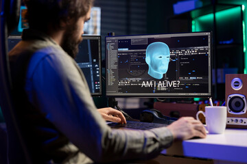 IT expert talking with AI becoming sentient and asking questions about itself. Software developer...