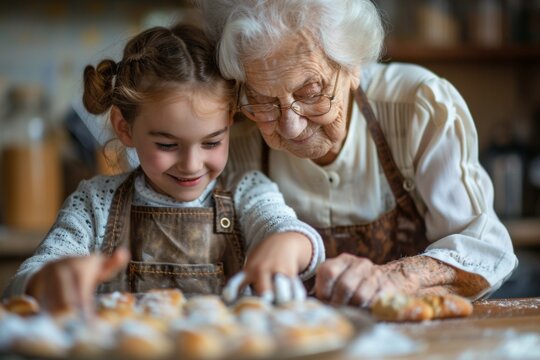 Young girl and elderly woman cooking together