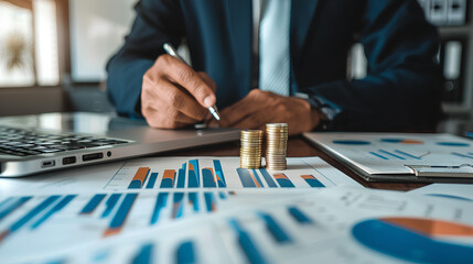 business financial plan market concept, performance of profit growth , education trend up finance on growth graph money revenue, Businessman analyzes profitability of working