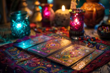 Table with numerous candles and a book