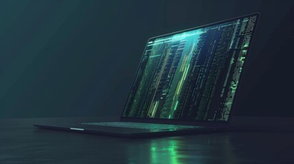 A close-up image of an open laptop with a dark background. The screen is illuminated with green digital code, cascading down the screen. The laptop is resting on a dark surface