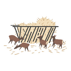 Siberian deer herd at haystack, decorative cartoon flat vector maral forest animal isolated on white background, wild reindeer, simple illustration cute mammal for design children pattern, map for kid