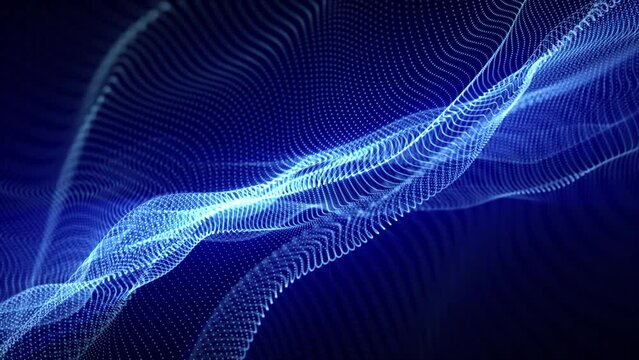 Looped background with glow blue waves floating in abstract digital code space. Seamless loop waveform screensaver for vj music performance, bussiness, technology and science visualization. 4k 60 fps
