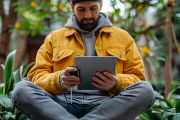 Fototapeta premium Male on bench with tablet