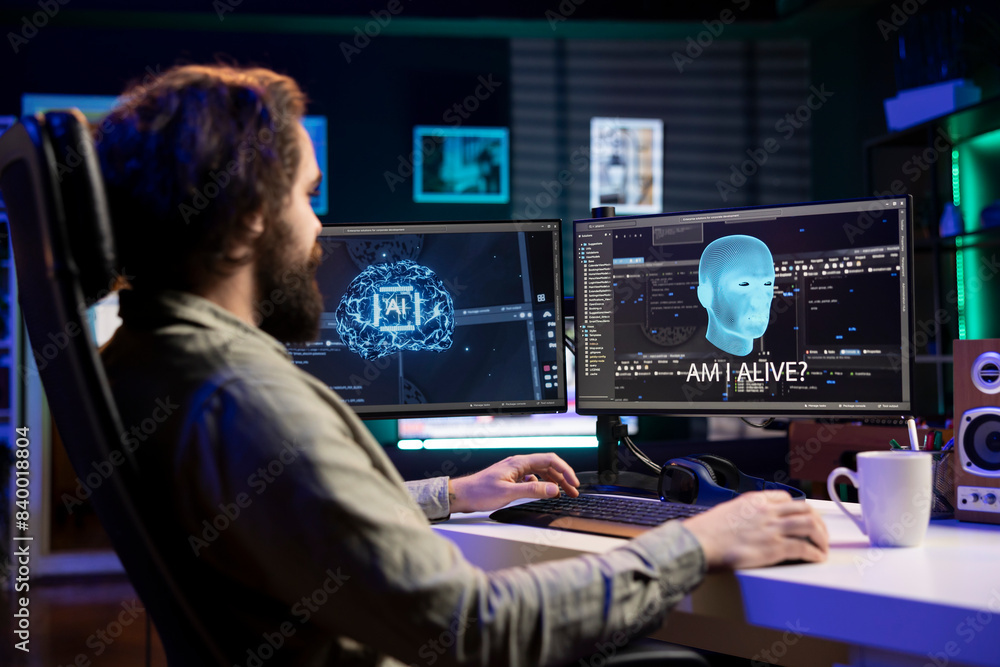 Poster man being asked existential questions by awaken ai on desktop pc, gaining consciousness. remotely wo