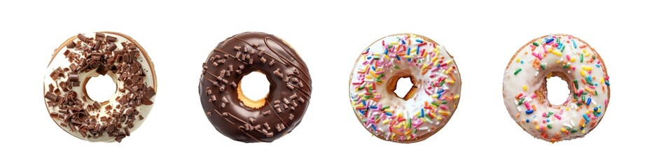 This overhead view of a variety of flavored donuts showcases diverse delicious options and tempting dessert temptations isolated on transparent background cutout png