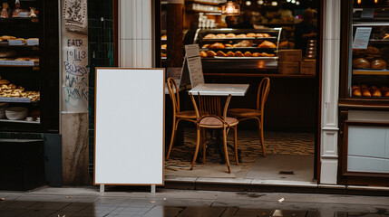 Positioned outside the bakery, a floor advertising banner stands ready to be adorned with enticing visuals and messages promoting bakery products.

