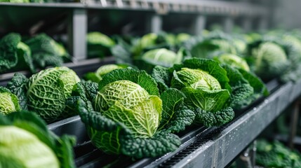 Fresh green cabbage moving through a sleek packing machine, detailed view of the process and machinery