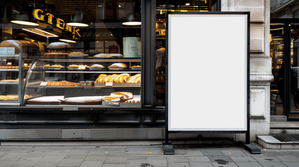 A floor advertising banner stands outside the bakery, its blank space eagerly awaiting images and messages to tempt customers with bakery delights.

