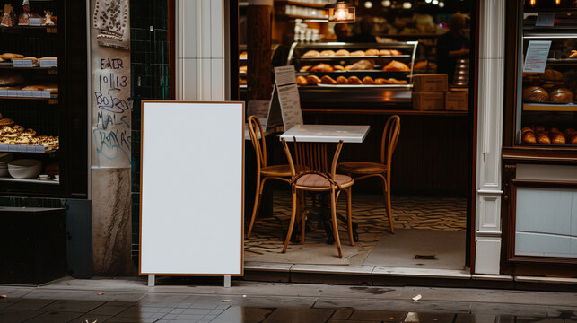 Positioned outside the bakery, a floor advertising banner stands ready to be adorned with enticing visuals and messages promoting bakery products.

