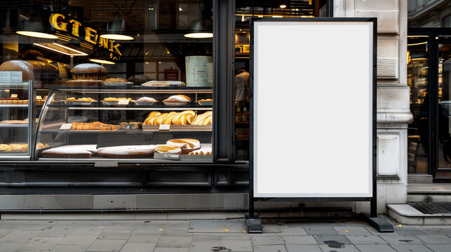 A floor advertising banner stands outside the bakery, its blank space eagerly awaiting images and messages to tempt customers with bakery delights.

