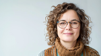 Obraz premium Portrait of a woman with curly hair, wearing glasses and a brown knit scarf, smiling