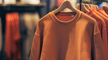Plain sweatshirt on neutral hanger against softly blurred clothing store backdrop, highlighting minimalistic design.


