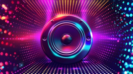 music speaker with neon backlight in the dark. Sound system on background of digital electronic lights.