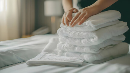 Closeup of hands putting stack of fresh white bath towels on the bed sheet Room service maid cleaning hotel room