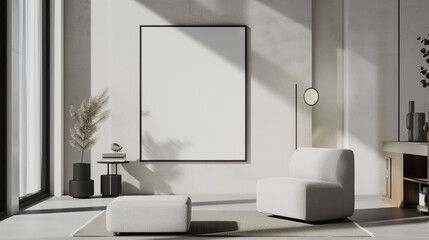 Showcase a blank ISO A poster in a chic living room mockup, enhancing the elegant interior with its clean and sophisticated design.

