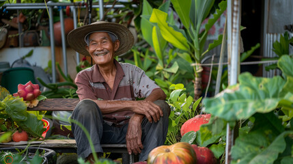 The smiling local farmer, his cheerful demeanor enticing shoppers to his organic produce stand, the vibrant market display attracting many.


