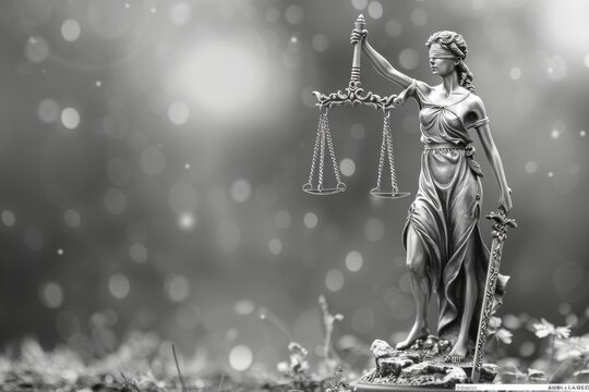 Monochrome image of lady justice with a sword statue