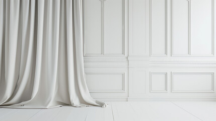 Airy theater curtain in modern colors frames an empty center on stage.
