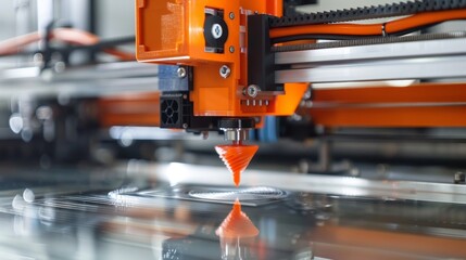Fototapeta premium A machine is printing a piece of plastic. The machine is orange and black