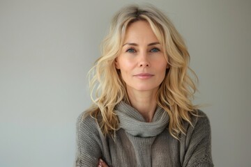 Fototapeta premium Woman blonde blue eyes gray sweater posing picture