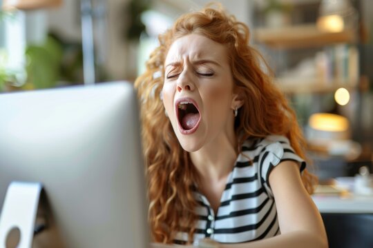 Red-haired woman yawning at computer