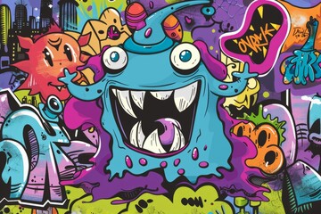 Obraz premium Cartoon cute doodles of a friendly graffiti monster adding vibrant designs to urban spaces, Generative AI