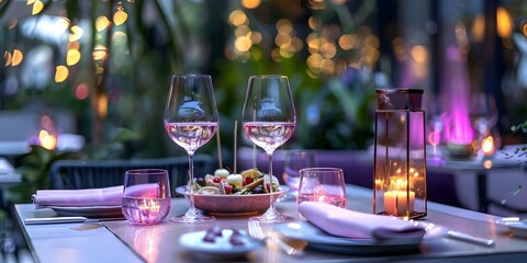 Chic restaurant with tapas canap&eacute;s and a romantic ambiance under soft lighting. Concept Tapas, Romantic Ambiance, Chic Restaurant, Canap&eacute;s, Soft Lighting