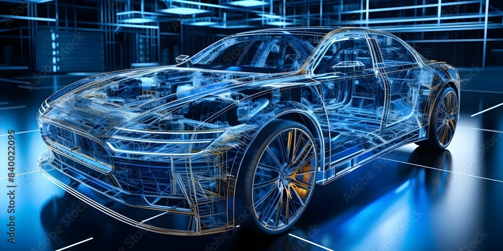 Poster futuristic wireframe electric car model in virtual simulation factory display. concept future techno