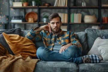 Obraz premium Man on couch with blanket on lap
