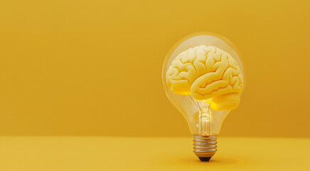 Creative Concept of Brain Inside a Light Bulb on Yellow Background