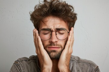 Person hiding face with hands and wearing glasses