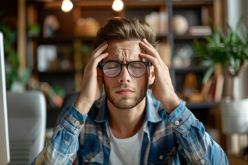 Man glasses sit table laptop