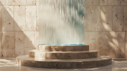 Low, round podium, light stone, azure water, beige stone wall, soft light. For marketing use.
