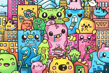 Fototapeta premium Cartoon cute doodles of adorable animals painting graffiti murals on city buildings, Generative AI