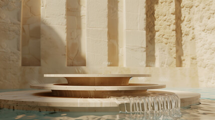 Low, round podium with azure water against beige stone wall, softly lit. Perfect for marketing.
