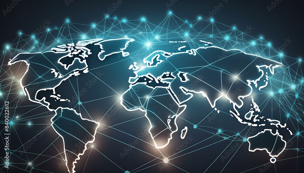 Poster global network with world map and glowing connections on dark background. digital communication tech