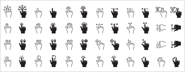 Finger touch screen gesture vector icon collection. Touch and swipe gesture icons set. Touch screen operation and navigation symbol. Contain icon like double tap, long click, zoom, move.