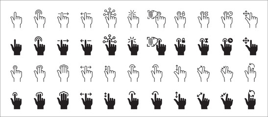 Finger touch screen gesture vector icon collection. Touch and swipe gesture icons set. Touch screen operation and navigation symbol. Contain icon like double tap, long click, zoom, move.