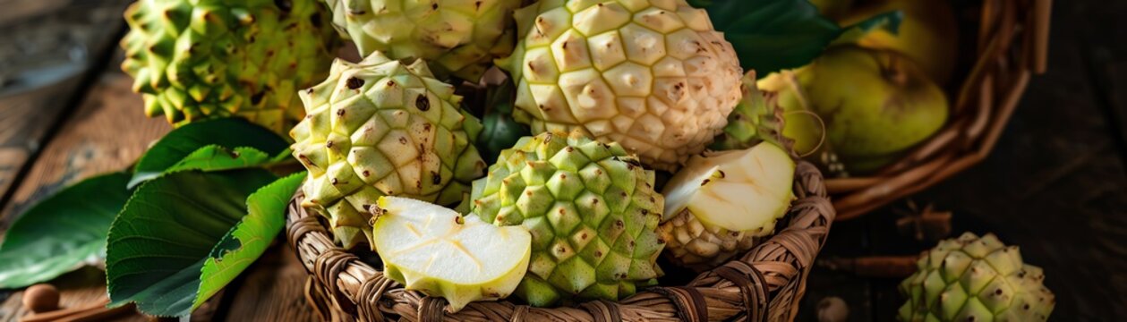 A variety of fresh custard apples, both whole and split open, arranged in a wicker basket with soft natural lighting