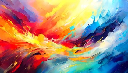 A dynamic abstract painting with broad, sweeping strokes in bright primary colors, conveying energy and movement. Colorful. Blue. Yellow. Orange. White. Art. Illustration. 3
