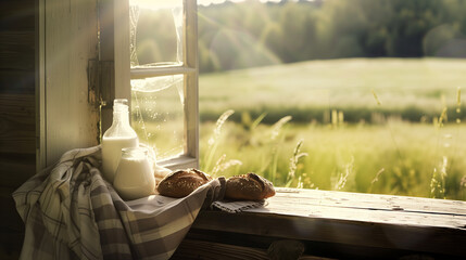 Sunlight illuminates a rustic windowsill with a glass bottle of milk and hearty bread, as green fields stretch out in the summer light.
