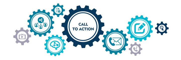 Call to action concept icon illustration contain share, learn more, click here, watch our video, subscribe, contact us and download.