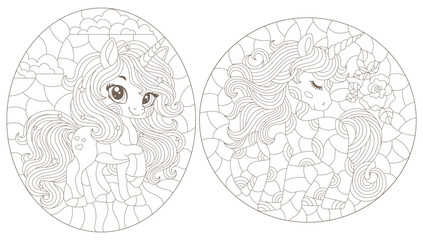 Set of contour illustrations in the style of stained glass with cute cartoon unicorns in the sky
