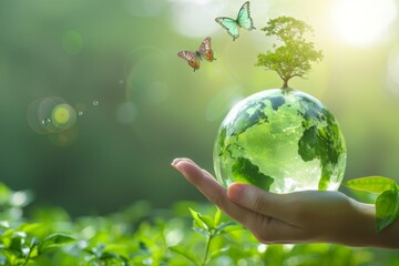 Person holding green globe with tree and butterflies