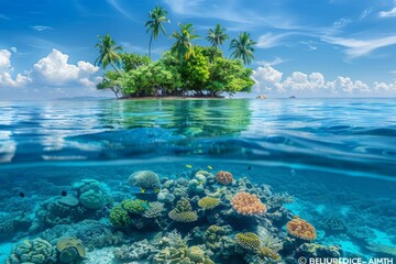 Tropical island featuring coral reef and lush greenery