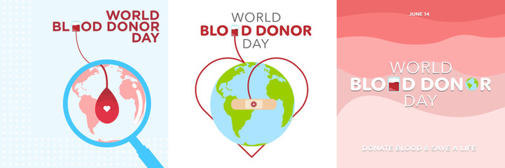 World Blood Donor Vector Set. Social Media Square format. Blood transfusion concept under magnifying glass and drop. Transfusion to earth icon with heart. Blood Bag cute typography. Vector. 