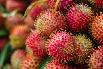 Fototapeta premium Closeup red fruit bunch green leaves