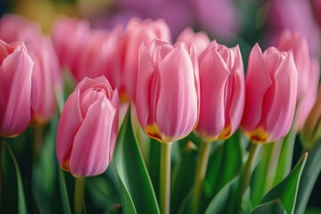 Fototapeta premium Numerous pink tulips arranged in a vase with green stems