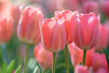 Numerous pink tulips amid green leaves